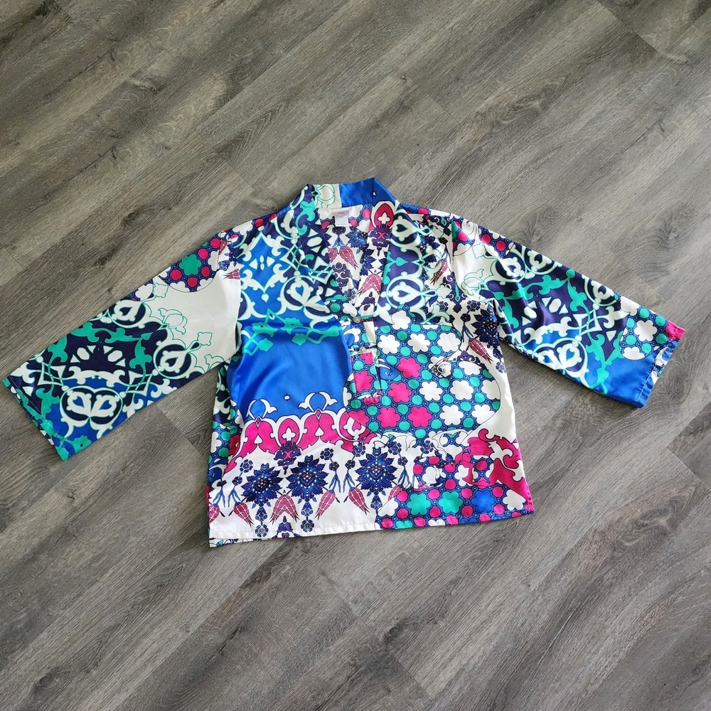 Natori Satin Pajama Set L Blue Pink Morrocan Tile Kimono Top Lounge Pants Resort - Picture 14 of 16